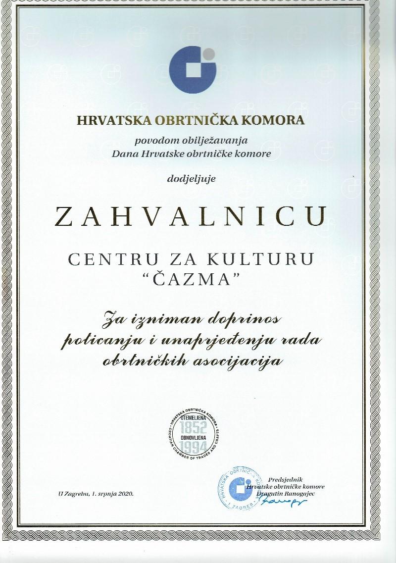 Zahvalnica Centru za kulturu Čazma